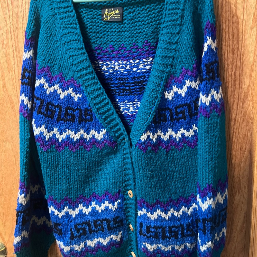 Aymara vintage teal and purple wool sweater
